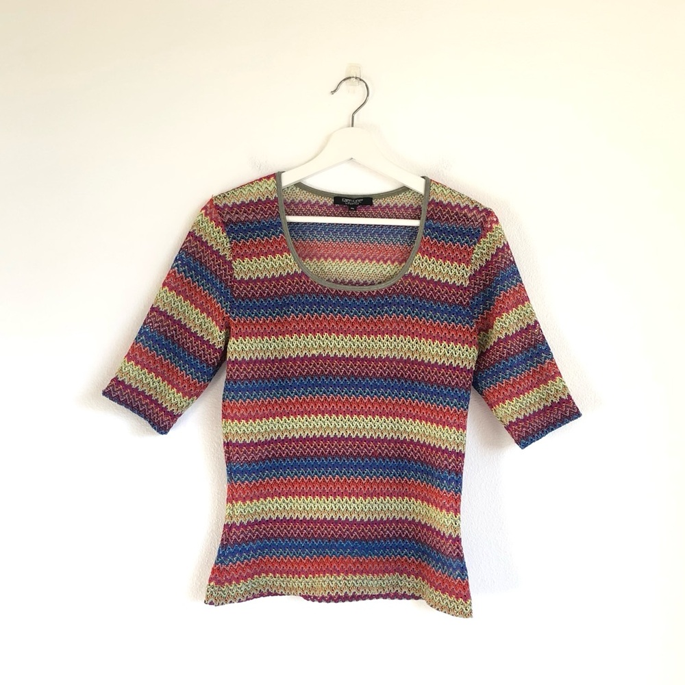 Karen Kane Lifestyle Multicolor Wavy Zigzag Crochet Top Size XL Vintage Retro